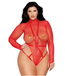 Ensemble 2 pièces grande taille, bodystring résille rouge et harnais - DG13680XRED
